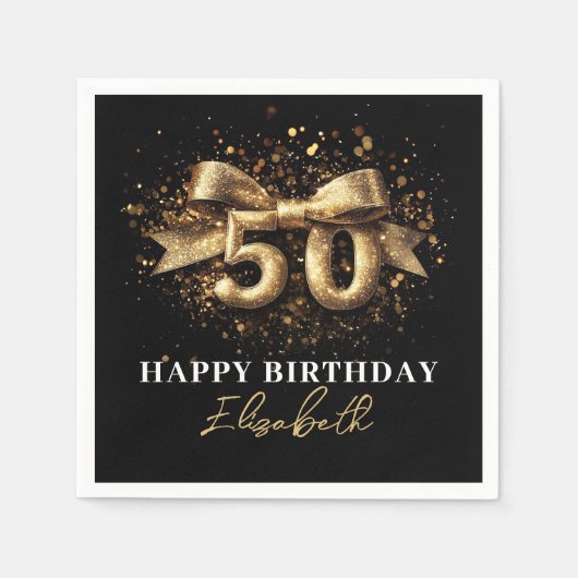 50e verjaardagsfeest Modern Zwart en Goud Servet (Voorkant)