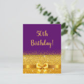 50e verjaardagsfeest paarse gouden boog kaart (Staand voorkant)
