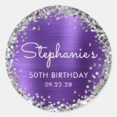 50e verjaardagsfeest Paarse zilveren glitter Ronde Sticker (Voorkant)