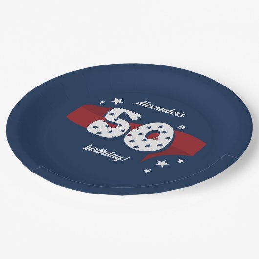 50e Verjaardagsfeest Patriottisch Rood Wit Blauw S Papieren Bordje (Gekanteld)