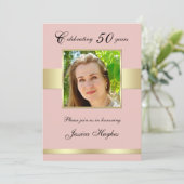 50e verjaardagsfeest Roos Gold Photo Invitation Kaart (Staand voorkant)