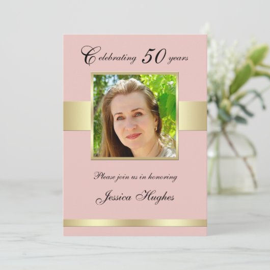 50e verjaardagsfeest Roos Gold Photo Invitation Kaart (Staand voorkant)