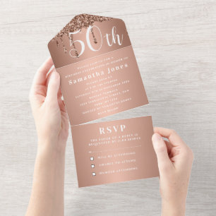 50e Verjaardagsfeest Roze Goud Stout RSVP Modern All In One Uitnodiging
