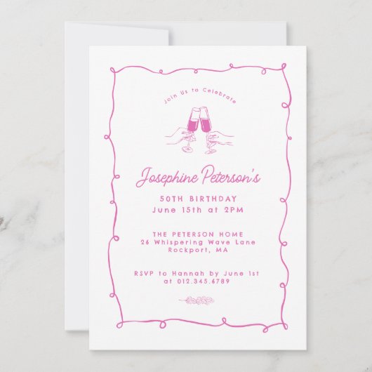 50e verjaardagsfeest roze grillige doedel kaart