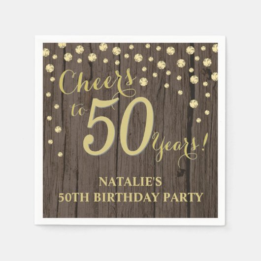 50e verjaardagsfeest rustiek hout en gouden diaman servet (Voorkant)