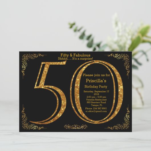 50e, Verjaardagsfeest, Vijftig, Gatsby, zwart & go Kaart (Staand voorkant)