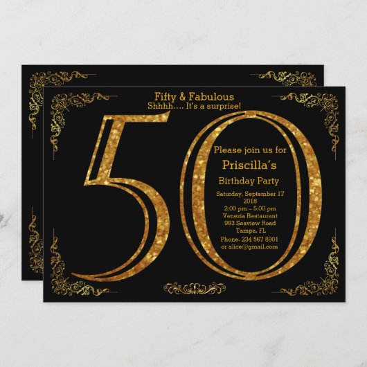 50e, Verjaardagsfeest, Vijftig, Gatsby, zwart & go Kaart (Voorkant / Achterkant)