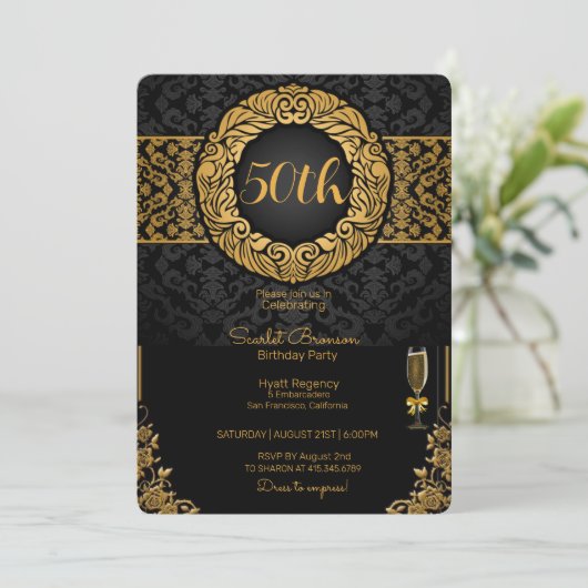 50e verjaardagsfeest zwart en goud elegante verjaa kaart (Staand voorkant)