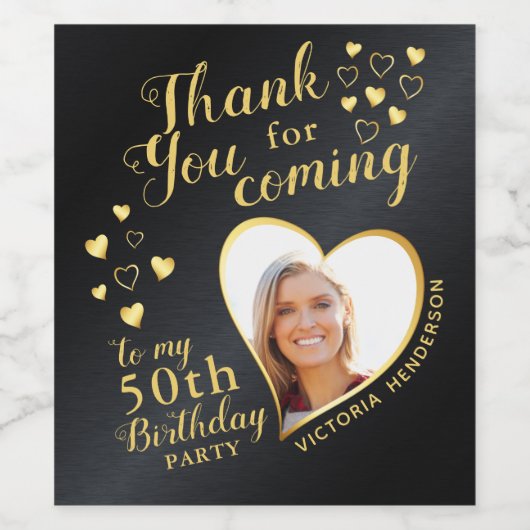 50e verjaardagsfeest zwart en goud foto dank u wijn etiket (Enkel label)