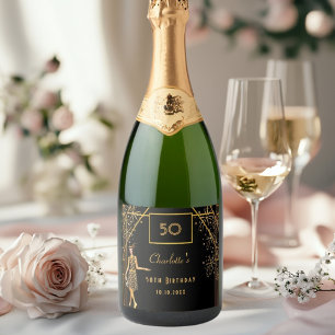 50e Verjaardagsfeest zwart goud Gatsby art deco Sparkling Wijnetiket