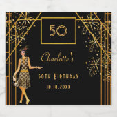 50e Verjaardagsfeest zwart goud Gatsby art deco Sparkling Wijnetiket (Enkel label)