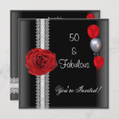 50e Verjaardagsfeest Zwart Wit Rood Roos Kaart (Voorkant / Achterkant)