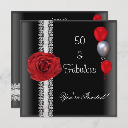 50e Verjaardagsfeest Zwart Wit Rood Roos Kaart (Voorkant / Achterkant)
