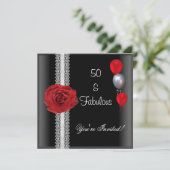 50e Verjaardagsfeest Zwart Wit Rood Roos Kaart (Staand voorkant)