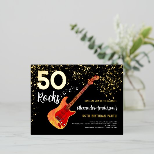 50e verjaardagsfeestje 50 Rocks Gold Glitter Folie Uitnodiging Briefkaart (Staand Voorkant)