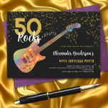 50e verjaardagsfeestje 50 Rocks Gold Glitter Kaart<br><div class="desc">50 Rocks rock and roll gold glitter 50ste verjaardagsfeestuitnodigingen met een coole elektrische gitaar met funky kleurrijke dessin en oranje vlammenvanger gitaarkunst en muzieknotenillustratie met gepersonaliseerde zwart-gouden moderne kalligrafie typografie. Deze gebruiksvriendelijke sjabloon creëer is de perfecte persoonlijke uitnodiging om vijftig jaar in rock n roll stijl te vieren en is...</div>
