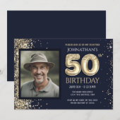 50e verjaardagsfeestje Blauw Goud Glitter Kaart (Voorkant / Achterkant)