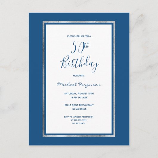 50e verjaardagsfeestje blue Silver-uitnodiging Briefkaart (Voorkant)