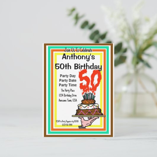 50e Verjaardagsfeestje Chocoladetaart Retro Kleure Briefkaart (Staand voorkant)