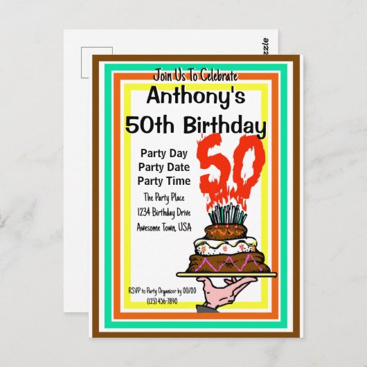 50e Verjaardagsfeestje Chocoladetaart Retro Kleure Briefkaart (Voorkant / Achterkant)