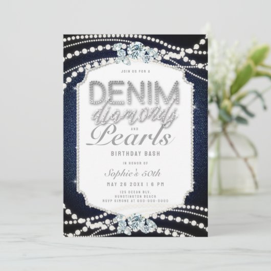50e verjaardagsfeestje Denim Diamonds Pearls Lijst Kaart (Staand voorkant)