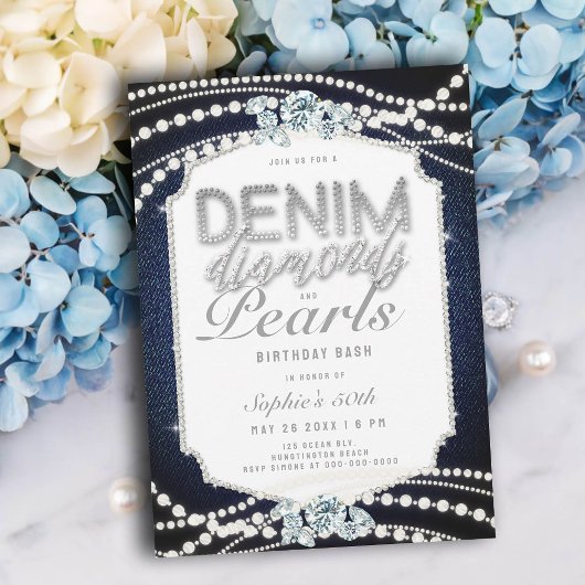 50e verjaardagsfeestje Denim Diamonds Pearls Lijst Kaart
