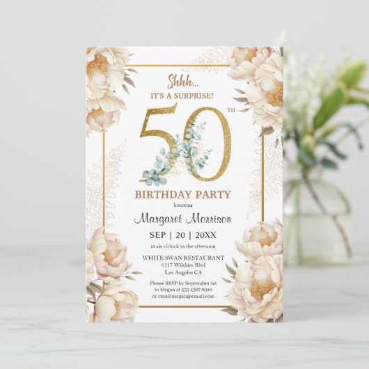 50e verjaardagsfeestje Elegante witte pioen bloemi Kaart (Staand voorkant)