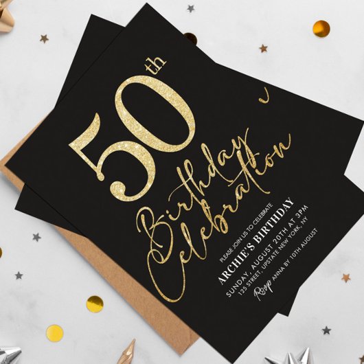 50e verjaardagsfeestje Elegante zwart en goud glit Kaart