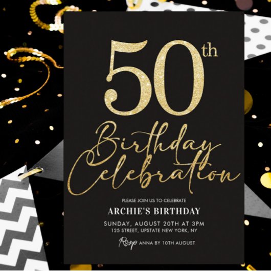 50e verjaardagsfeestje Elegante zwart en goud glit Kaart