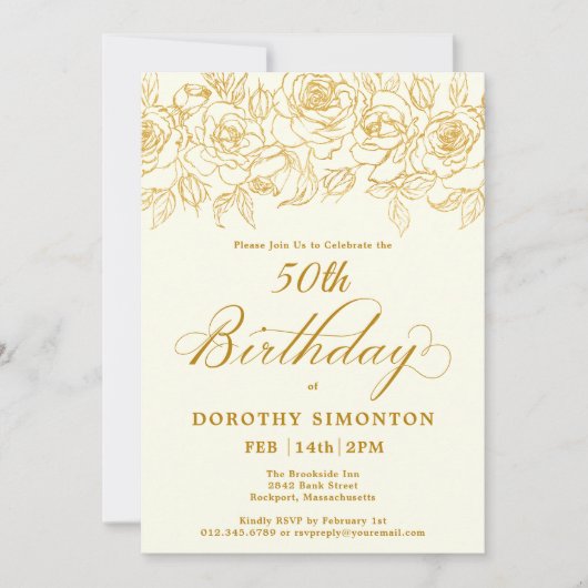 50e verjaardagsfeestje Goud Roos Bloemen Ivoor Wit Kaart (Voorkant)