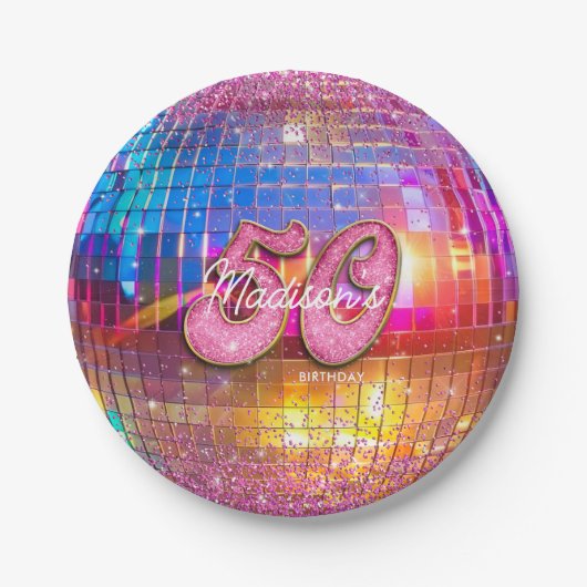 50e verjaardagsfeestje Gouden Roze Glitter Disco B Papieren Bordje (Voorkant)