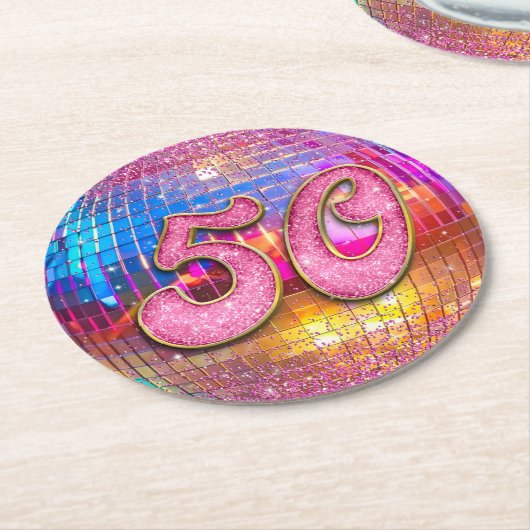 50e verjaardagsfeestje Gouden Roze Glitter Disco B Ronde Kartonnen Onderzetter (Gebogen)