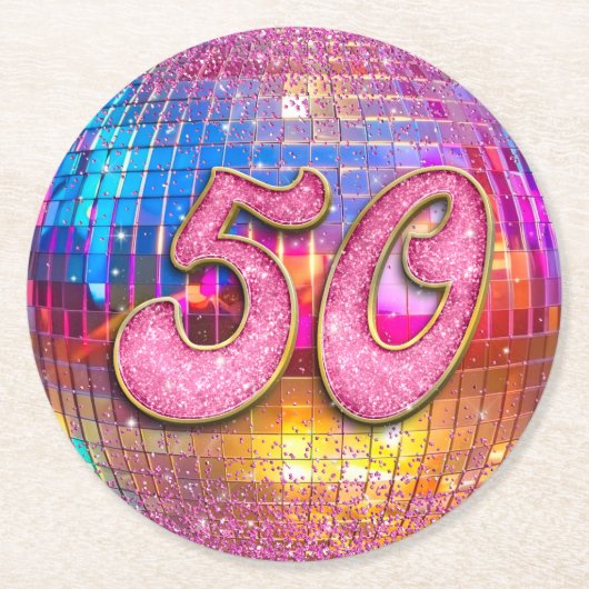 50e verjaardagsfeestje Gouden Roze Glitter Disco B Ronde Kartonnen Onderzetter (Voorkant)