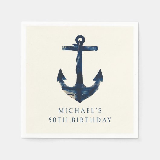 50e verjaardagsfeestje marineblauw nautisch anker servet (Voorkant)