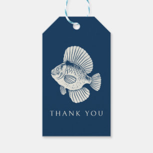 50e verjaardagsfeestje marineblauw nautische vis cadeaulabel