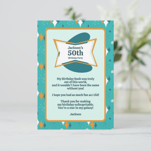 50e verjaardagsfeestje Retro Mid Century Any Age Bedankkaart (Staand voorkant)