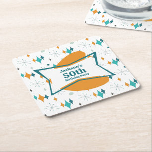 50e verjaardagsfeestje Retro Mid Century Any Age Kartonnen Onderzetters