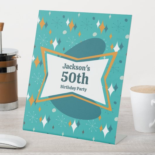 50e verjaardagsfeestje Retro Mid Century Any Age Reclamebord Met Voetstuk (Insitu)