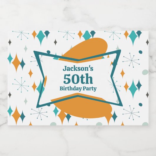 50e verjaardagsfeestje Retro Mid Century Any Age Sparkling Wijnetiket (Enkel label)