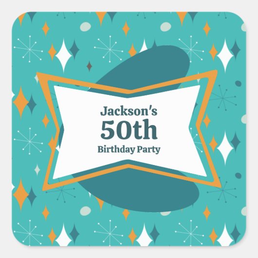 50e verjaardagsfeestje Retro Mid Century Any Age Vierkante Sticker (Voorkant)