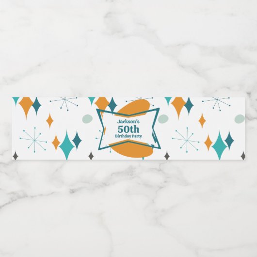 50e verjaardagsfeestje Retro Mid Century Any Age Waterfles Etiket (Enkel label)