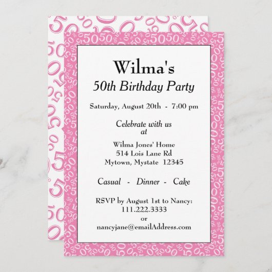 50e verjaardagsfeestje roze/wit nummerpatroon kaart (Voorkant / Achterkant)