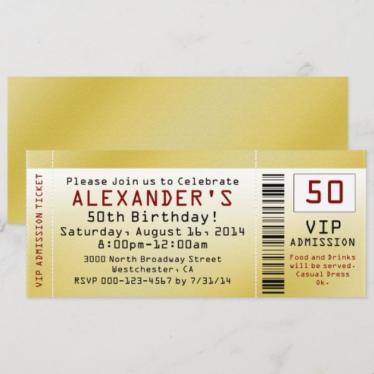 50e verjaardagsfeestje Smooth Gold Ticket uitnodig Kaart (Voorkant / Achterkant)