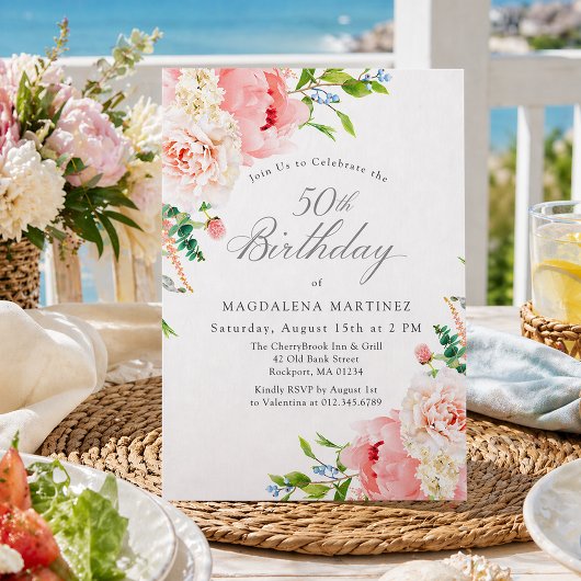 50e Verjaardagsfeestje Vrouwelijk Roze Rozen Bloem Kaart