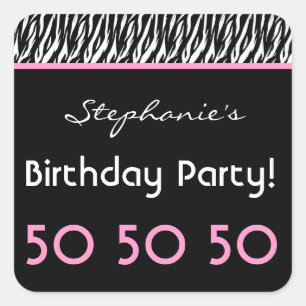 50e verjaardagsfeestje Zebra met roze aangepaste n Vierkante Sticker