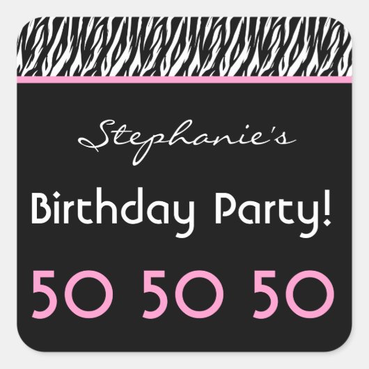 50e verjaardagsfeestje Zebra met roze aangepaste n Vierkante Sticker (Voorkant)