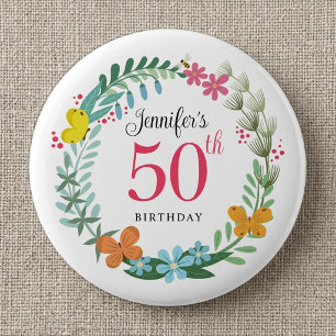 50e verjaardagsfeestje zomer bloem vlinder krans ronde button 5,7 cm