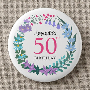 50e verjaardagsfeestje zomer bloemstuk blauwe klok ronde button 5,7 cm