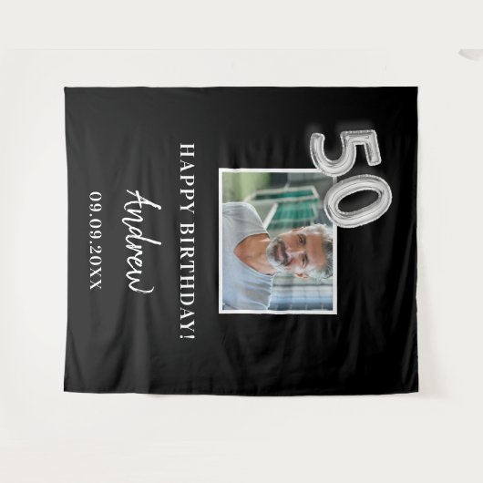 50e verjaardagsfeestje zwarte foto naam man wandkleed (Voorkant (horizontaal))