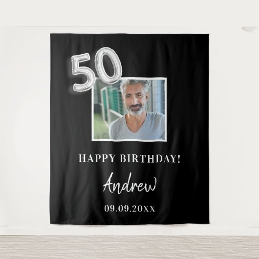 50e verjaardagsfeestje zwarte foto naam man wandkleed (Voorkant)